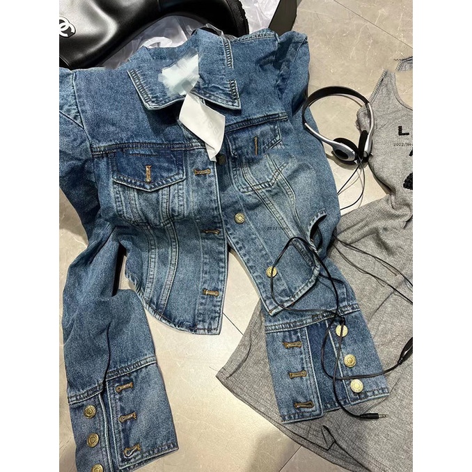 Áo Khoác Denim Dáng Ngắn Rộng Có Đệm Vai Phong Cách Retro Mỹ Thường Ngày Cho Nữ