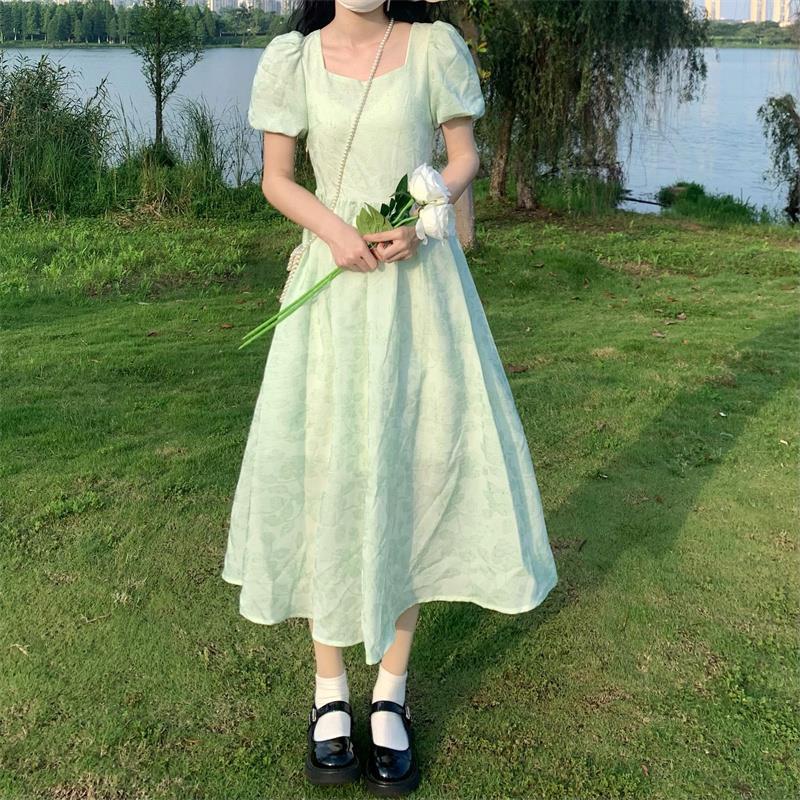 Đầm Cổ Vuông Eo Co Giãn Đính Nơ Màu Xanh Lá Thời Trang Mùa Hè Hàn Quốc Cho Nữ