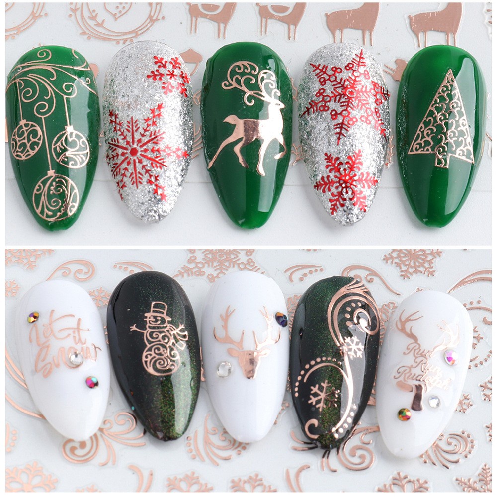 Bộ 9 Miếng Dán Móng Tay 3D Hình Bông Tuyết Tuần Lộc Giáng Sinh Lấp Lánh