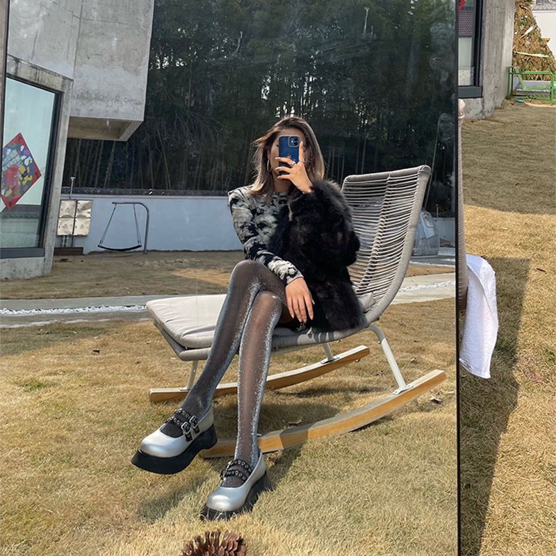 Quần Tất Lụa Mỏng Màu Đen Đính Ngọc Trai Bạc Lấp Lánh Quyến Rũ Phong Cách Mới Quyến Rũ Cho Nữ