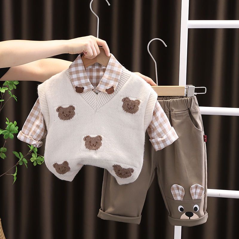 Bộ Áo Sơ Mi Dài Tay + Áo Khoác Ghi Lê Dệt Kim Thời Trang Xuân Thu Cho Bé Trai