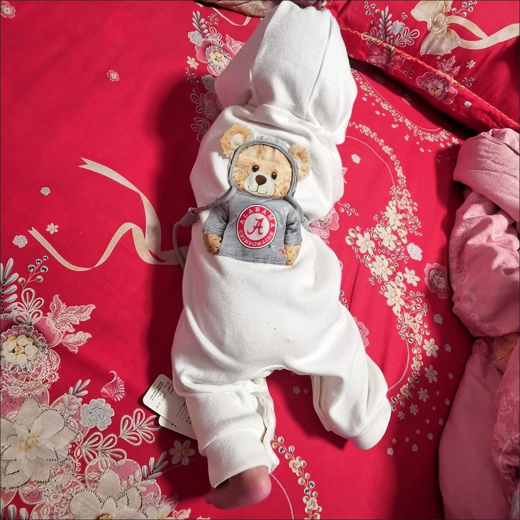 Áo Liền Quần Có Nón Tay Dài In Hình Gấu Hoạt Hình Phong Cách Hàn Quốc Chất Lượng Cao Thời Trang Xuân Thu Cho Bé Trai Và Bé Gái 0-24 Tháng Tuổi