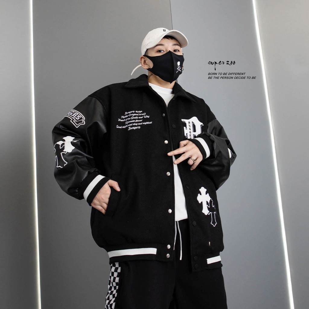 varsity jacket áo varsity jacket áo khoác varsity jacket varsity jacket nam varsity jacket 2hand áo varsity jacket nam varsity jacket bomber Áo Khoác Bóng Chày Da PU Dáng Rộng Màu Đen Thời Trang Xuân Thu 2022 Cá Tính Cho Nam