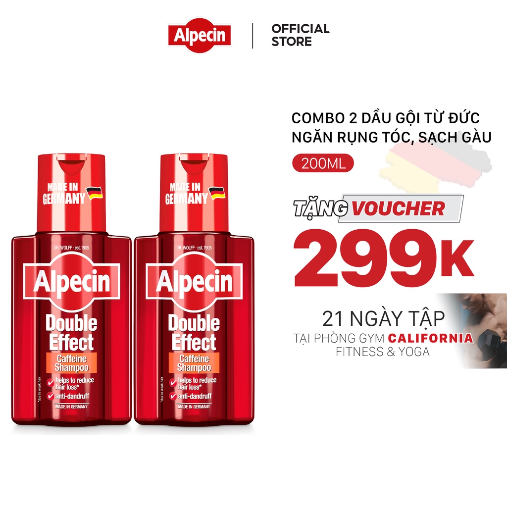 Combo 2 Dầu gội Caffeine Alpecin Double Effect 200ml, ngăn rụng tóc và giảm gàu hiệu quả, cho nam
