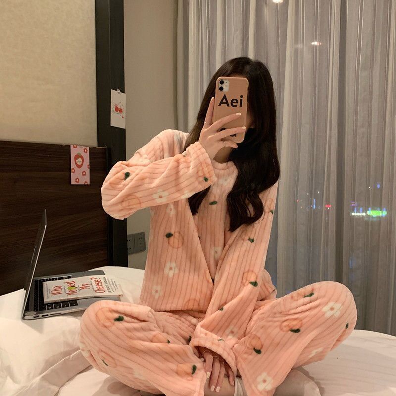 Đồ Ngủ Nữ Mùa Đông Dài Tay Lông Cừu Ấm Áp Dễ Thương Mới