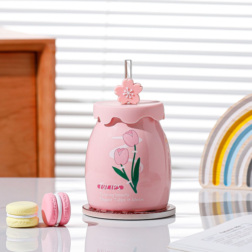 Cốc Uống Nước Bằng Sứ Hình Hoa Tulip Kèm Ống Hút Xinh Xắn Ly Uống Nước Bằng Sứ Họa Tiết Hoa Tulip Dễ Thương Xinh Xắn