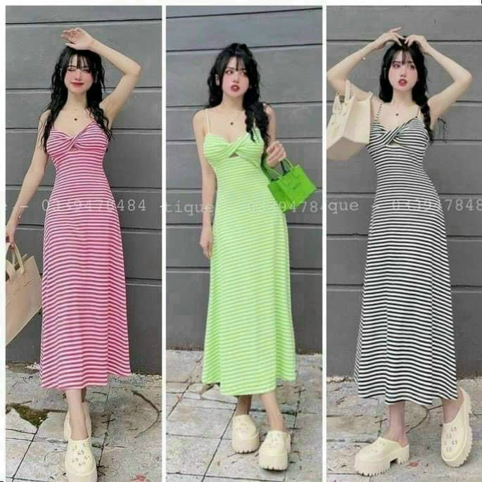 Váy đầm nữ ôm body, đầm thun gân sọc 2 dây xoắn ngực dáng dài qua gối đi biển dễ thương dx
