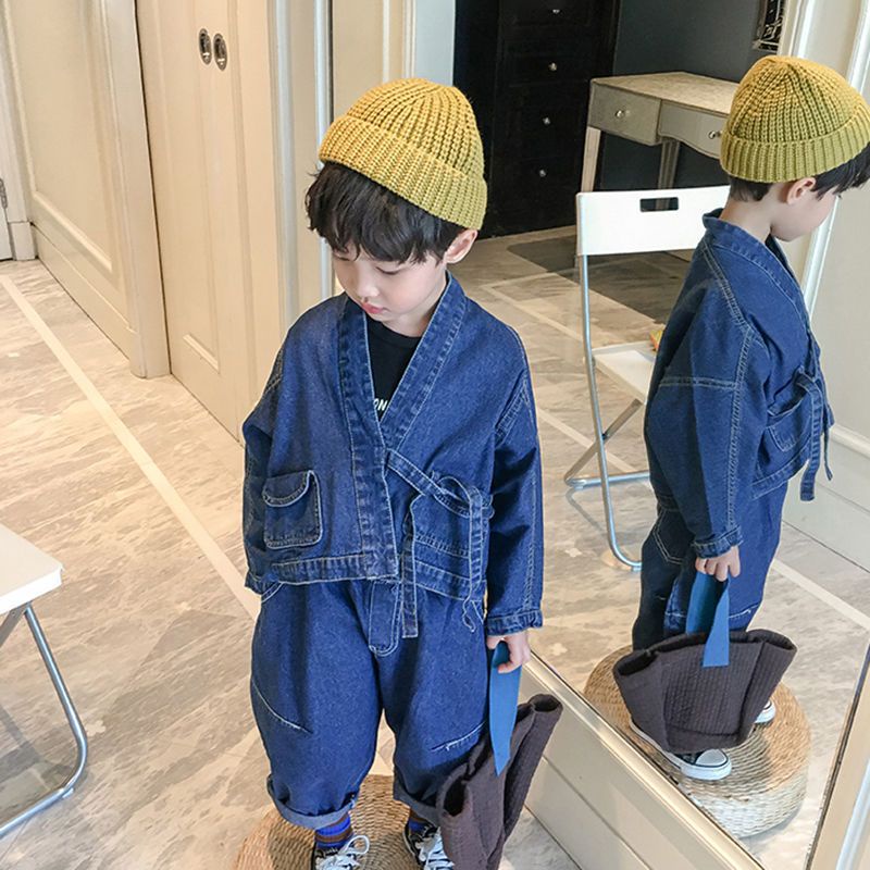 Bộ Áo Khoác Denim Tay Dài Dáng Rộng + Quần Harem Phong Cách Hàn Quốc Thời Trang Mùa Thu Cho Nam Và Nữ 1012