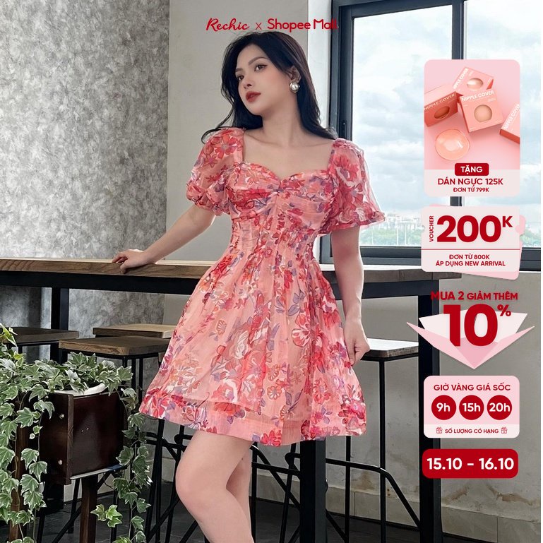 RECHIC Đầm Ngắn Jessica tay phồng dáng chiết eo xếp ly ở ngực nữ tính dịu dàng