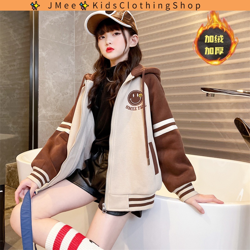 Áo Khoác Len cardigan Có Mũ Lót Nhung Dày Dặn Thời Trang Mùa Đông Cho Bé Gái 3-14 Tuổi