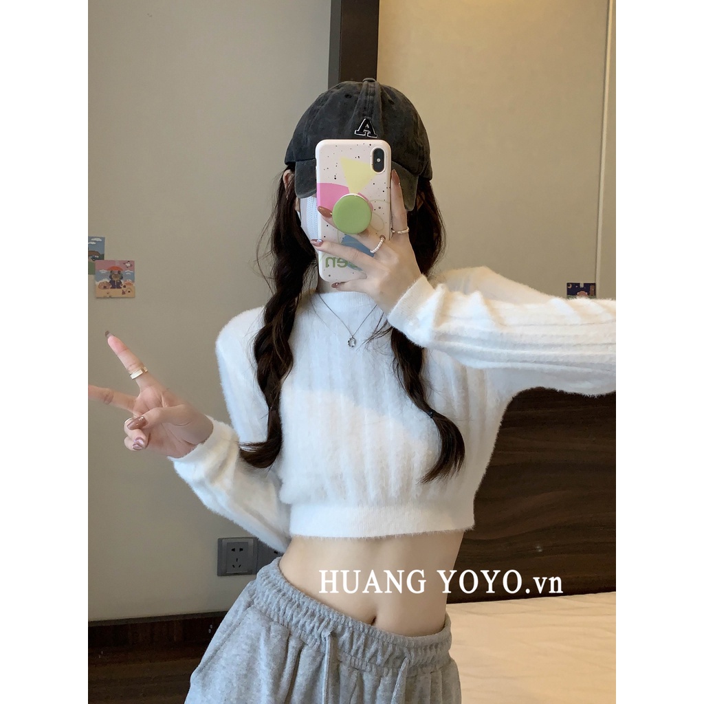 kumikumi HUANG YOYO Áo Sweater Dệt Kim Tay Dài Cổ Tròn Màu Trơn Quyến Rũ Thời Trang Hàn Quốc Cho Nữ