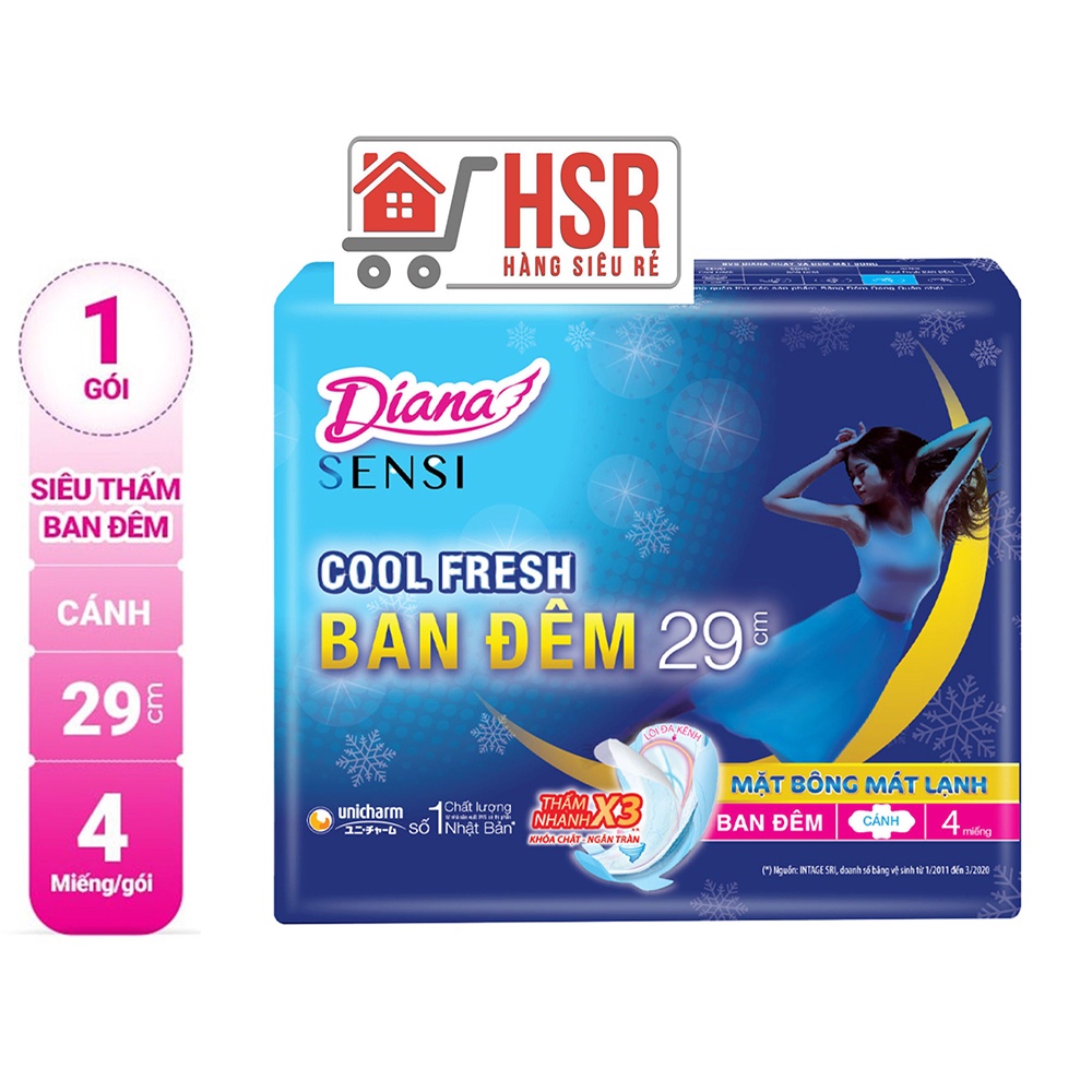 Băng vệ sinh ban đêm diana sensi cool fresh night 29cm 4 miếng gói - ảnh sản phẩm 1