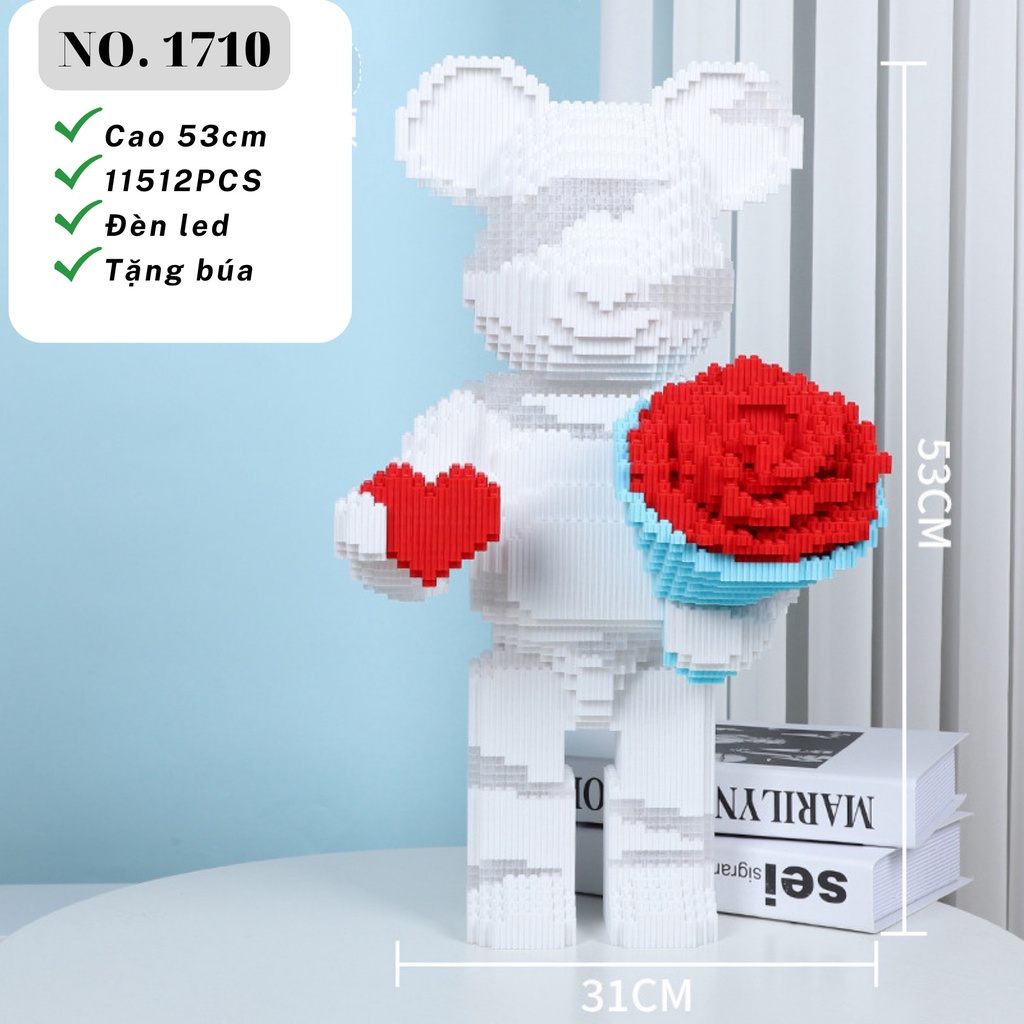 Mô Hình Lắp Ráp Lego Gấu Bearbrick Ôm Hoa Tỏ Tình Cao 53cm Có Ngăn Kéo &amp; Đèn