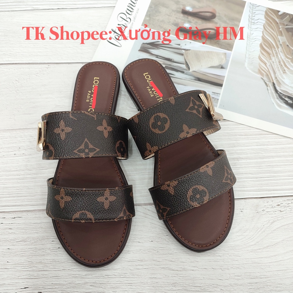Dép Lê Nữ Thời Trang Các Màu 2 Quai Ngang Da Sần Đính Chữ LV Hàng Loại 1