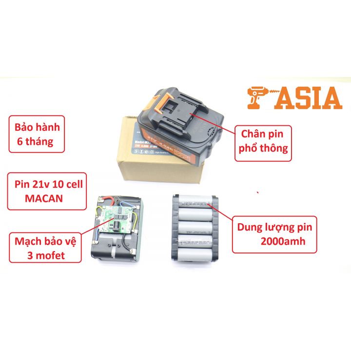Pin Máy Khoan 21V ASIA 10 CELL dung lượng cao 2000 AMH Thay Cho Pin 72V,88V,118,128,198V,199v....... Cùng chân
