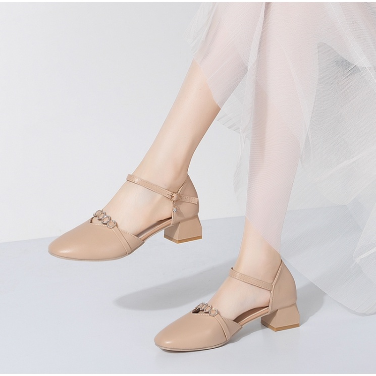 Sandal Cao Gót Đính Đá Đế Cao 3 Phân Mũi Vuông