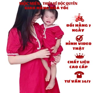 Váy đôi mẹ bé, bộ đồ đôi mẹ bé gái đầm xoè viền ren đính nút chất xô xước mềm mịn mát đủ size cho mẹ và bé MB03