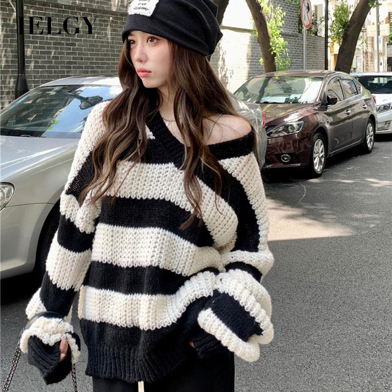 IELGY Áo Len Cổ Chữ V Dáng Rộng Họa Tiết Kẻ Sọc Phong Cách Hàn Quốc Thời Trang Cho Nữ