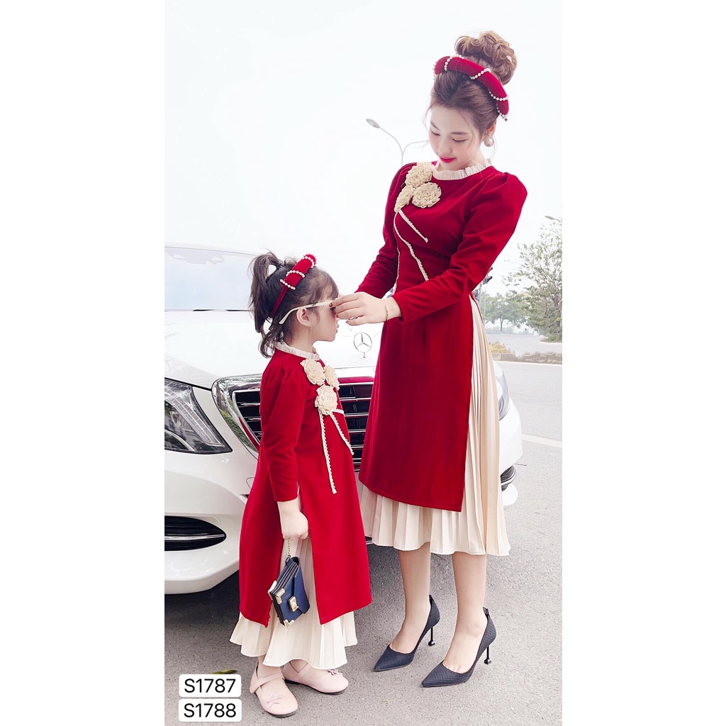 Set áo dài bé gái tay dài đính hoa cổ kín GOZA S1788