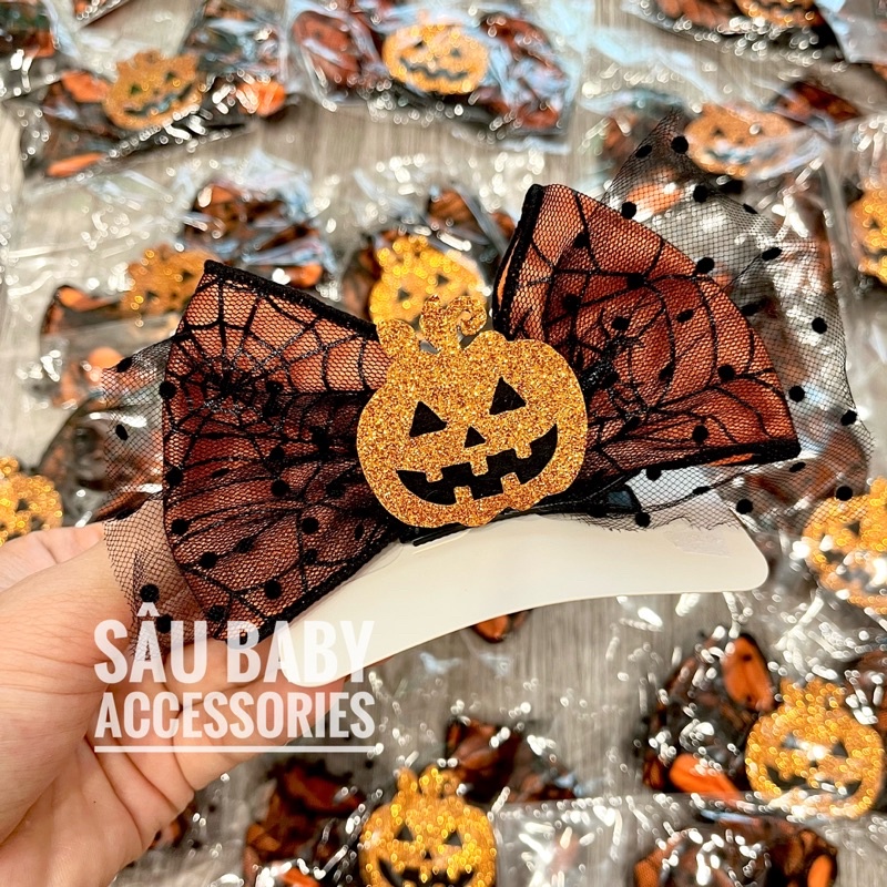 Kẹp tóc bí ngô nơ ren, sừng Halloween cho bé