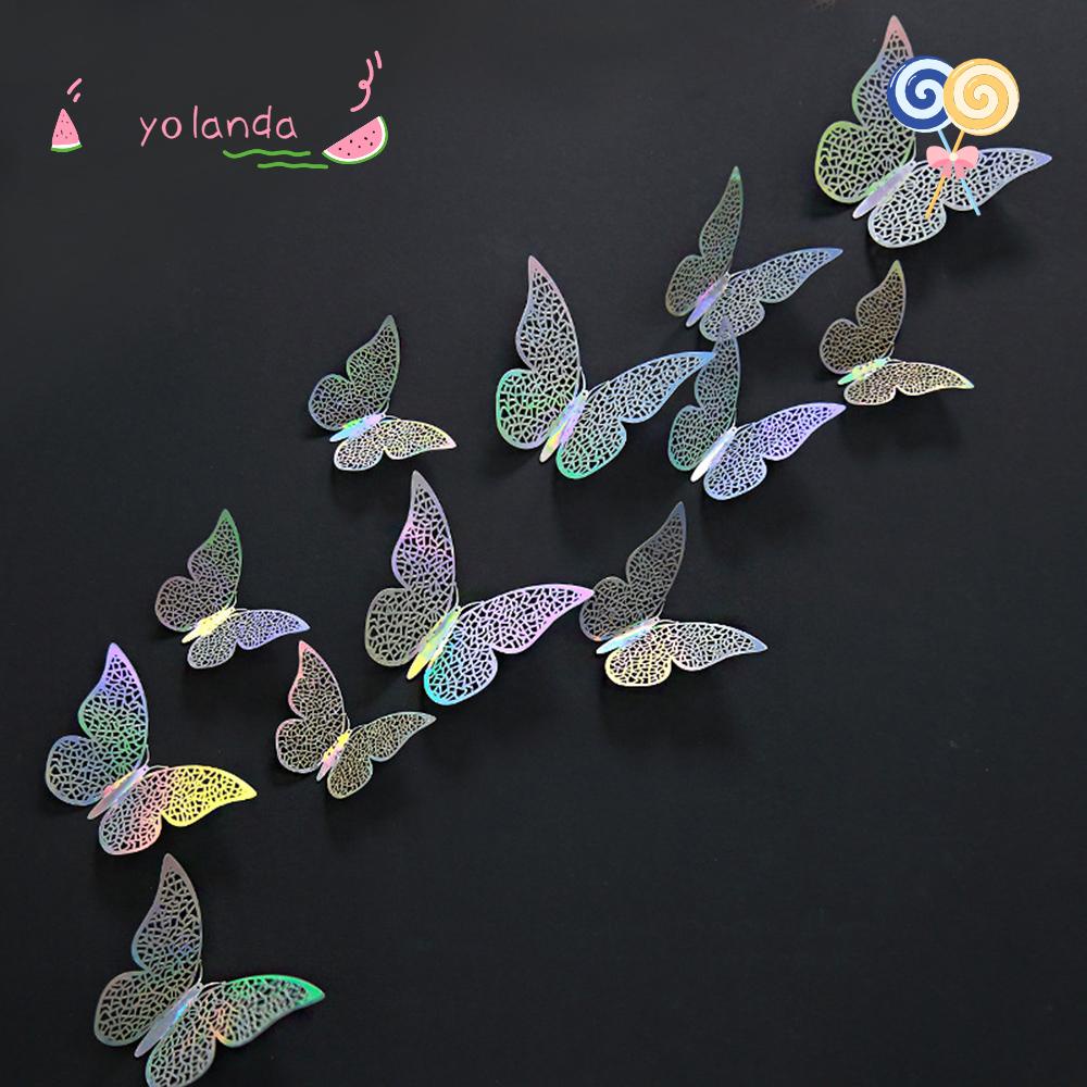 Bộ 12 Miếng Dán Hình Bướm 3D Bằng Kim Loại Nhiều Màu Sắc Trang Trí Nhà Cửa