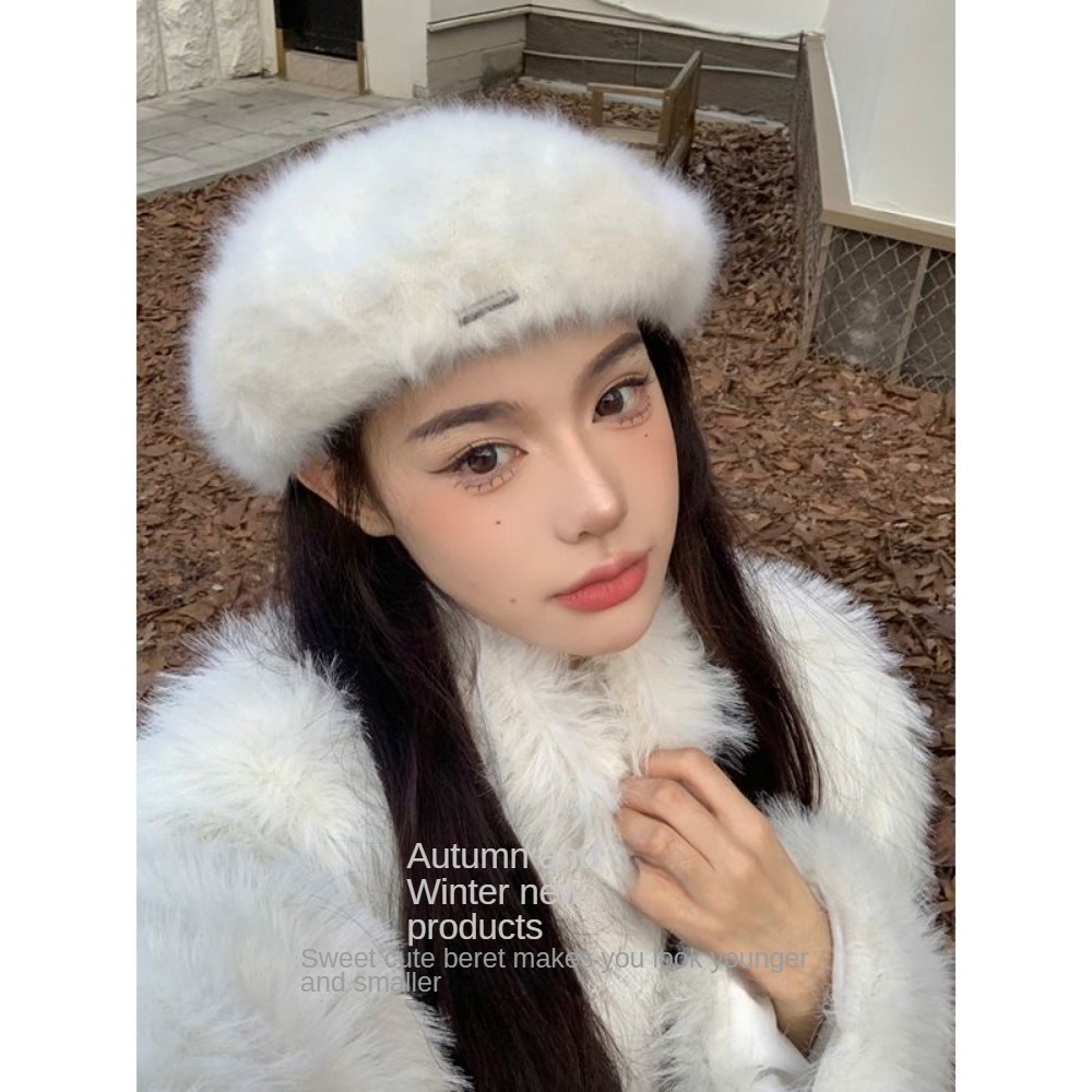 Mũ Beret Lông Thỏ Màu Trắng Phong Cách Anh Quốc Thời Trang Thu Đông Cho Nữ