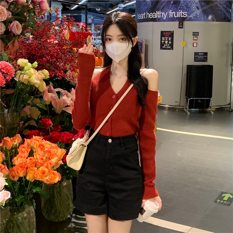 Áo Dệt Kim Tay Dài Hở Vai Cổ Chữ V Thời Trang Hàn Quốc Dành Cho Nữ