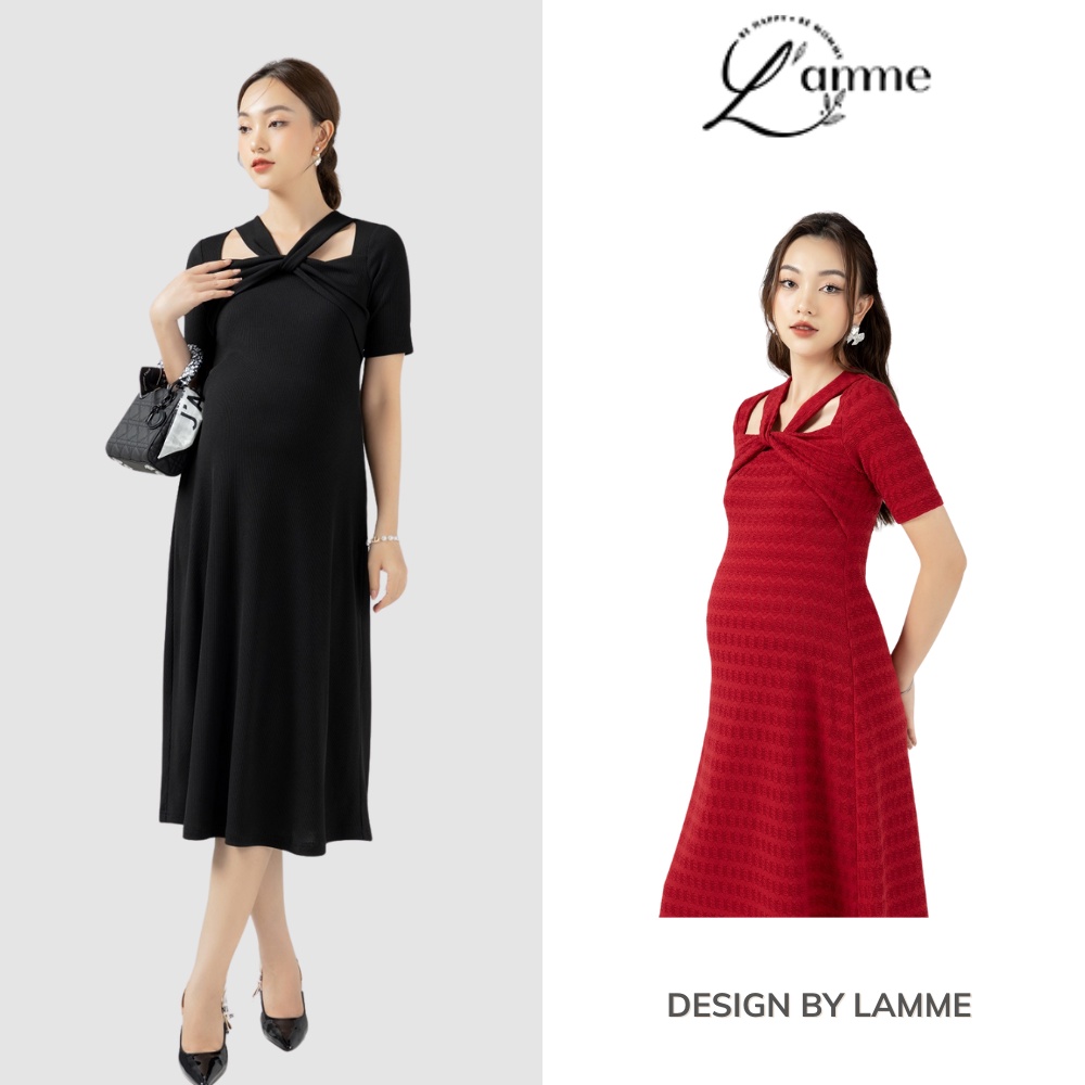 Đầm bầu dự tiệc xoắn cổ MIDI DRESS, váy bầu đẹp chất thun nhún, mịn màng phù hợp với mùa thu đông by L'amme