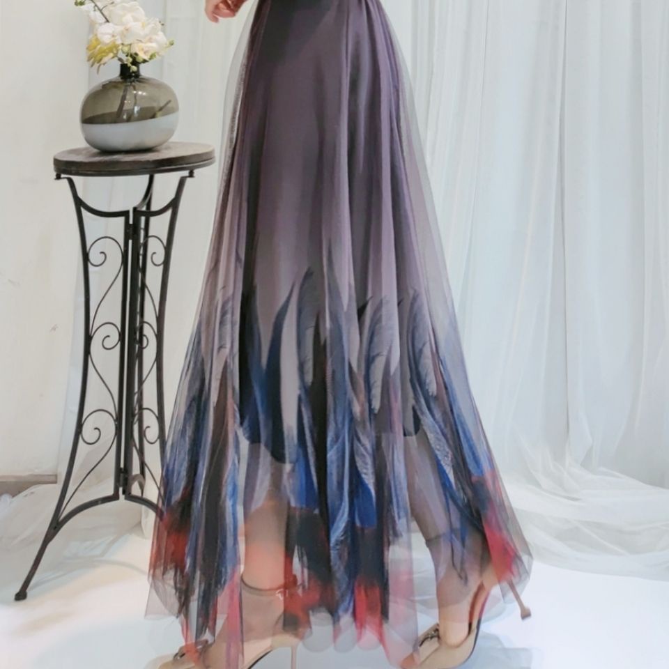 Chân Váy Midi Dài Dáng Chữ A Lưng Cao In Họa Tiết Lông Vũ Màu Gradient Phong Cách Cổ Điển Thời Trang Xinh Xắn