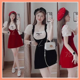 Đầm nhung cứng tay phồng phối ren đính ngọc D80