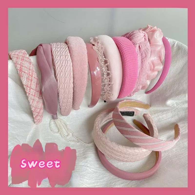 Băng Đô Cài Tóc Bản Rộng Màu Hồng Phong Cách Vintage Ngọt Ngào Cho Nữ