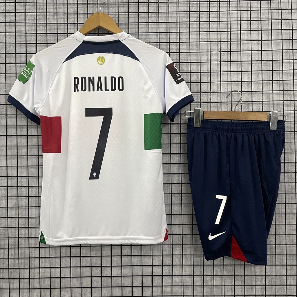 Bộ quần áo RONALDO tuyển Bồ Đào Nha trắng sân khách logo WC 2022