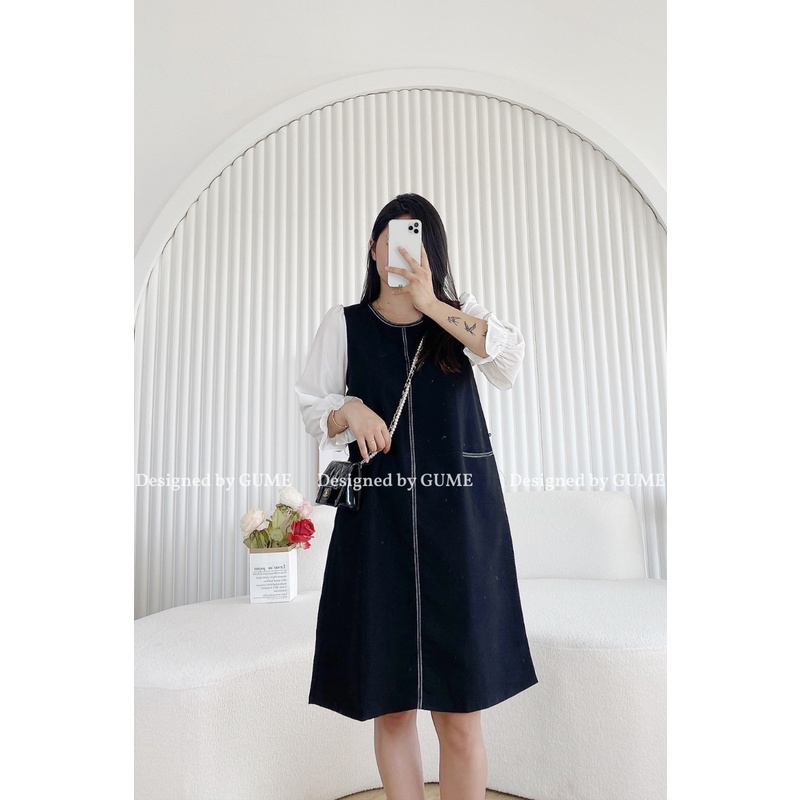 Váy Bầu Thu Đông - Đầm Bầu GUME màu đen pha tay trắng phối dây viền xinh xắn, dáng A dễ mặc tới khi sinh MB115