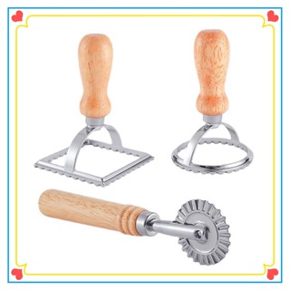 Máy cắt tem Ravioli với bộ bánh xe lăn Khuôn làm mì ống có tay cầm bằng gỗ và cạnh rãnh Máy cắt và bấm tem cho Pasta, Bánh bao Lasagna, Pierogi