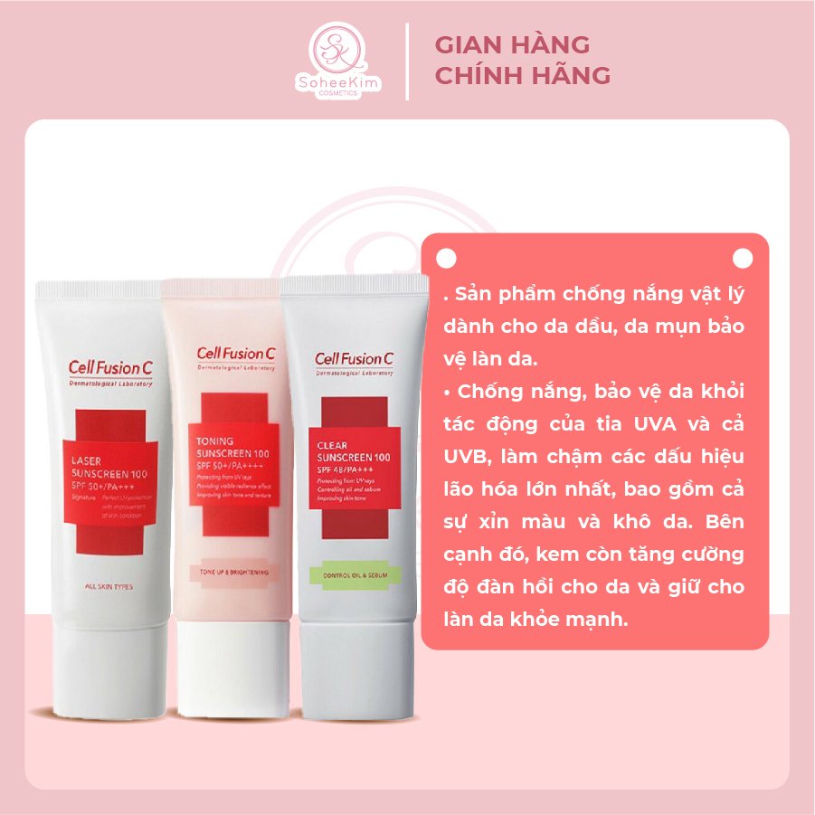 Combo Đủ Phân Loại Kem chống nắng Cell Fusion C fullsize Clear và Laser 50ml