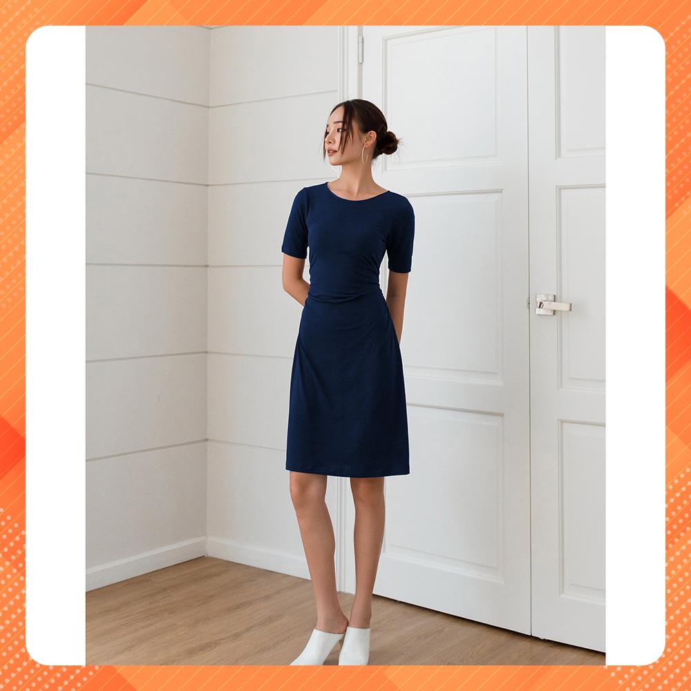 Đầm thun body nhún hông YV LE &amp; CO màu xanh navy thời thượng gợi cảm