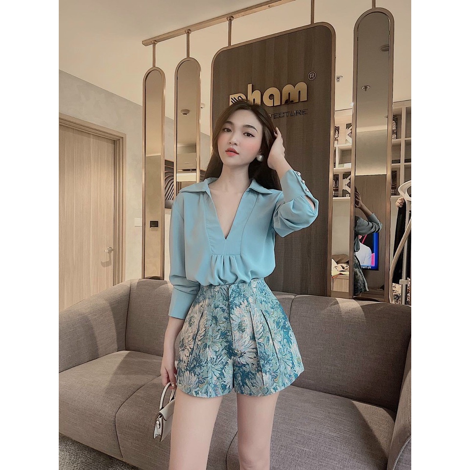 [11.11 Sale Freeship] Set bộ tiểu thư nữ,chất đũi áo dài tay cổ V kèm quần đùi họa tiết có túi đi chơi dạo phố xinh xắn