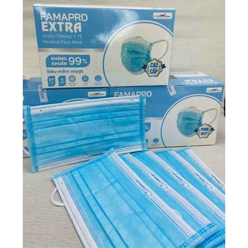 [Extra- COMBO 5- HỘP 50 CÁI] Khẩu trang y tế kháng khuẩn 4 lớp Famapro Extra (50 cái/ hộp)