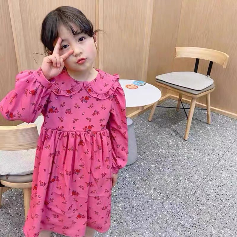 Váy dài tay mùa thu họa tiết hồng cực xinh cho bé gái size nhỡ size đại T03