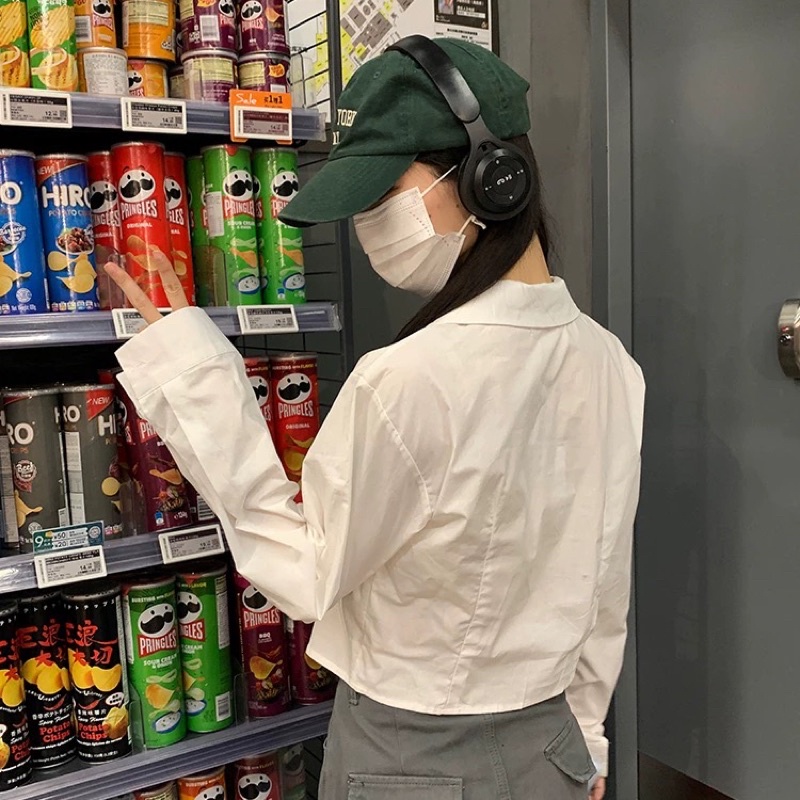 Áo Sơ Mi Nữ Trắng Tay Dài Croptop Thiết Kế Kéo Khoá Phong Cách Mới