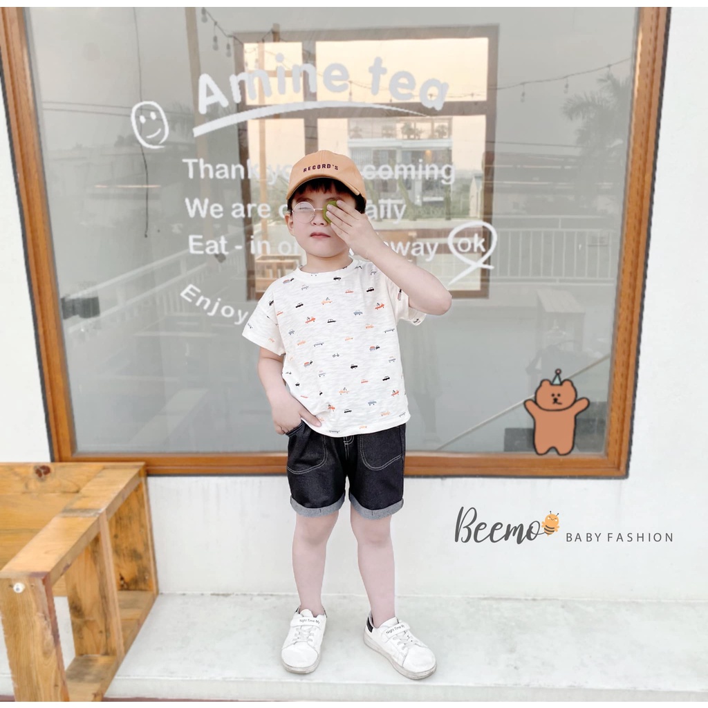 Bộ áo cộc họa tiết ô tô kèm quần đùi bò chỉ nổi Beemo cho bé trai