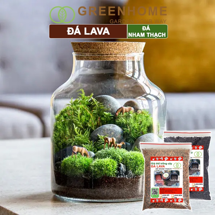 Đá nham thạch lava Greenhome, bao 20kg, màu đỏ, đen, size 3-5mm, sạch bụi, cho thủy sinh, bonsai, xương rồng