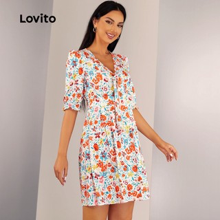 Lovito đầm hoa cổ chữ v tay lửng đính nơ l20d1511