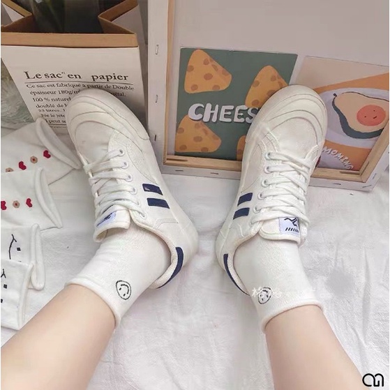 Vớ Cổ Trung Nữ Tone Màu Trắng Họa Tiết Gấu Mặt Cười Thời Trang Đẹp Vải Cotton 2AM