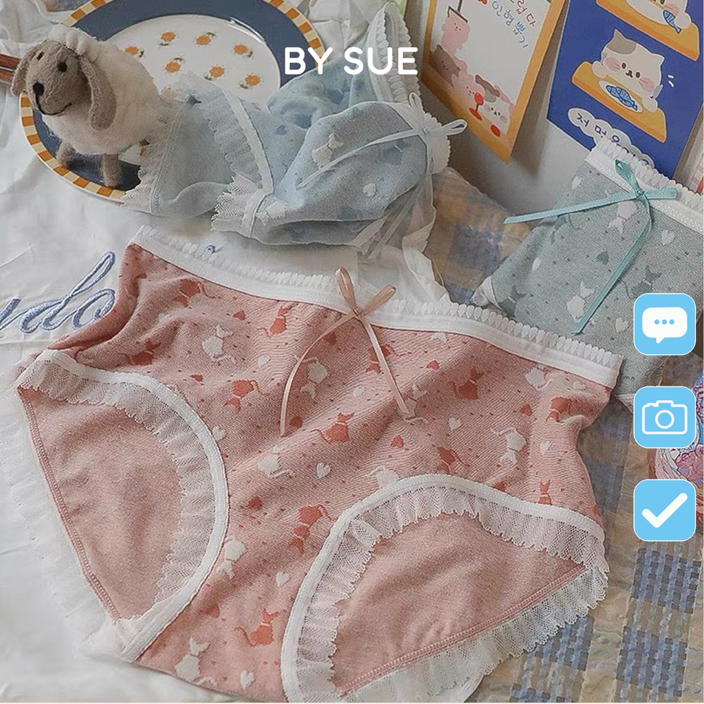Quần lót Cotton cao cấp họa tiết mèo dễ thương, màu pastel phối ren ngọt ngào, chất liệu co dãn kháng khuẩn BY SUE QL35