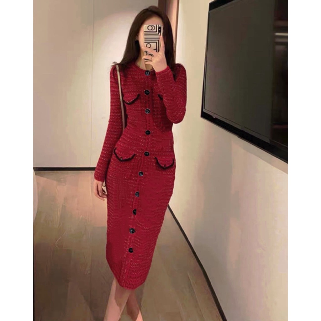 Đầm dạ đỏ sang chảnh 1096