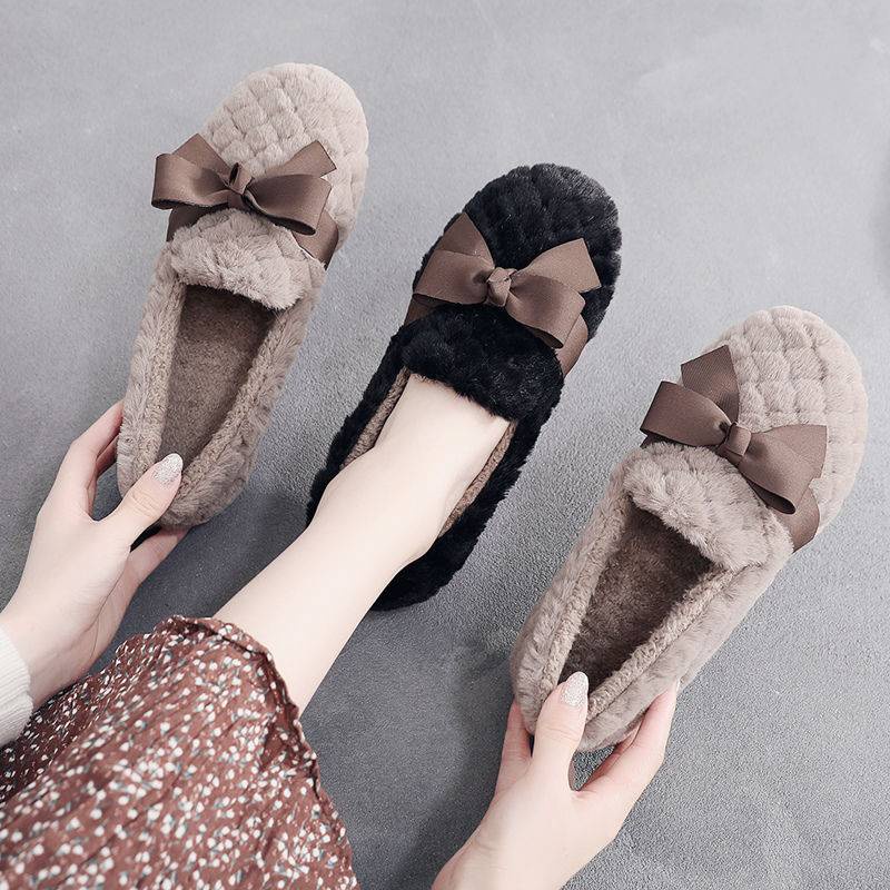 Giày Búp Bê Đế Bằng Lót Lông Cừu Đính Nơ Xinh Xắn Thời Trang Mùa Đông