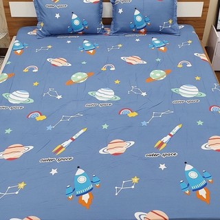 HỎA TỐC TPHCM - Ga giường vũ trụ xanh cotton polly 1m6 x 2m / 1m8 x 2m