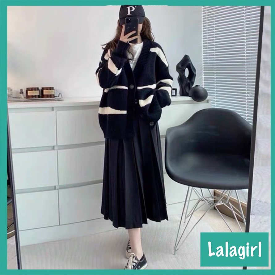 Áo Cardigan Len Nữ Dáng Dài, Áo Khoác Len Hàn Quốc Màu Đen Trắng Ngựa Vằn