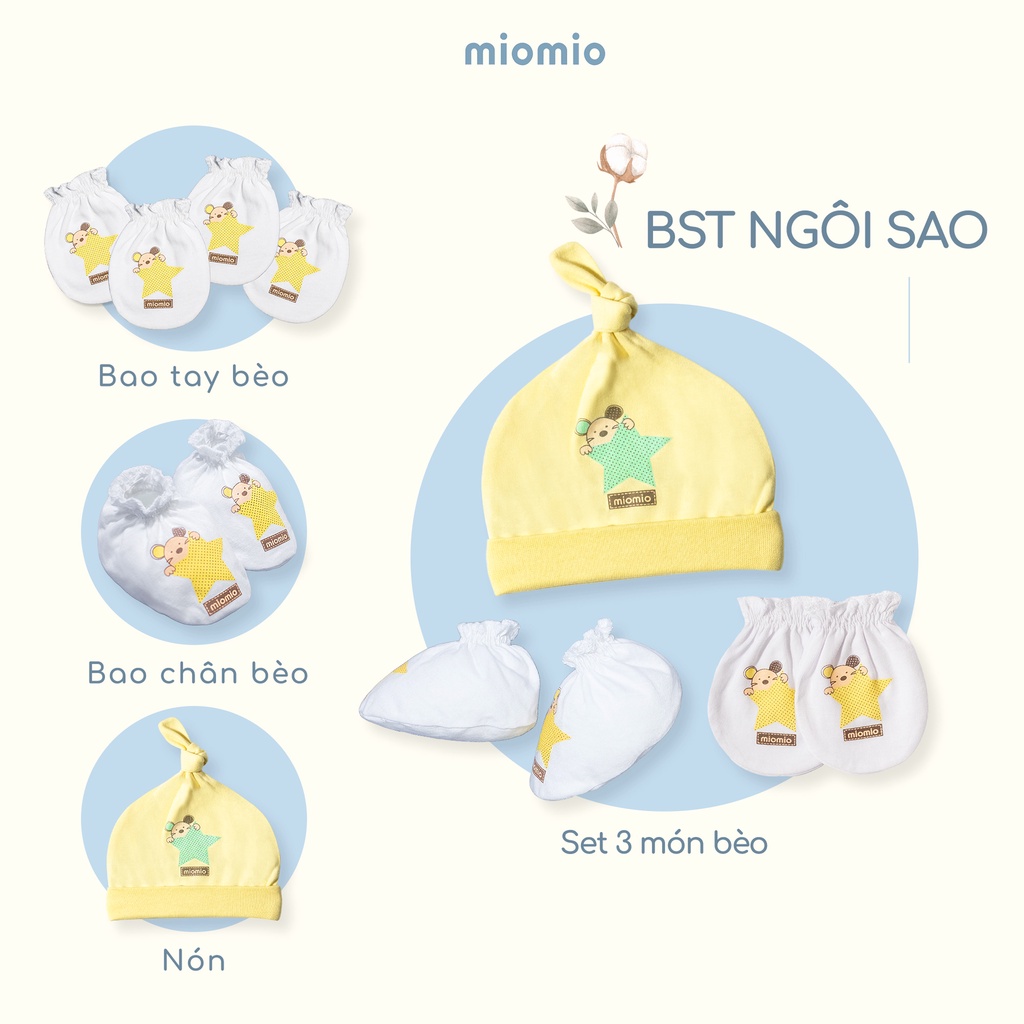 Bao Tay Bèo, Chân Bèo, Nón, Set 3 Món Phụ Kiện Bèo MIOMIO, Họa Tiết: Ngôi Sao, D&R Cho Bé Sơ Sinh, Vải Cotton